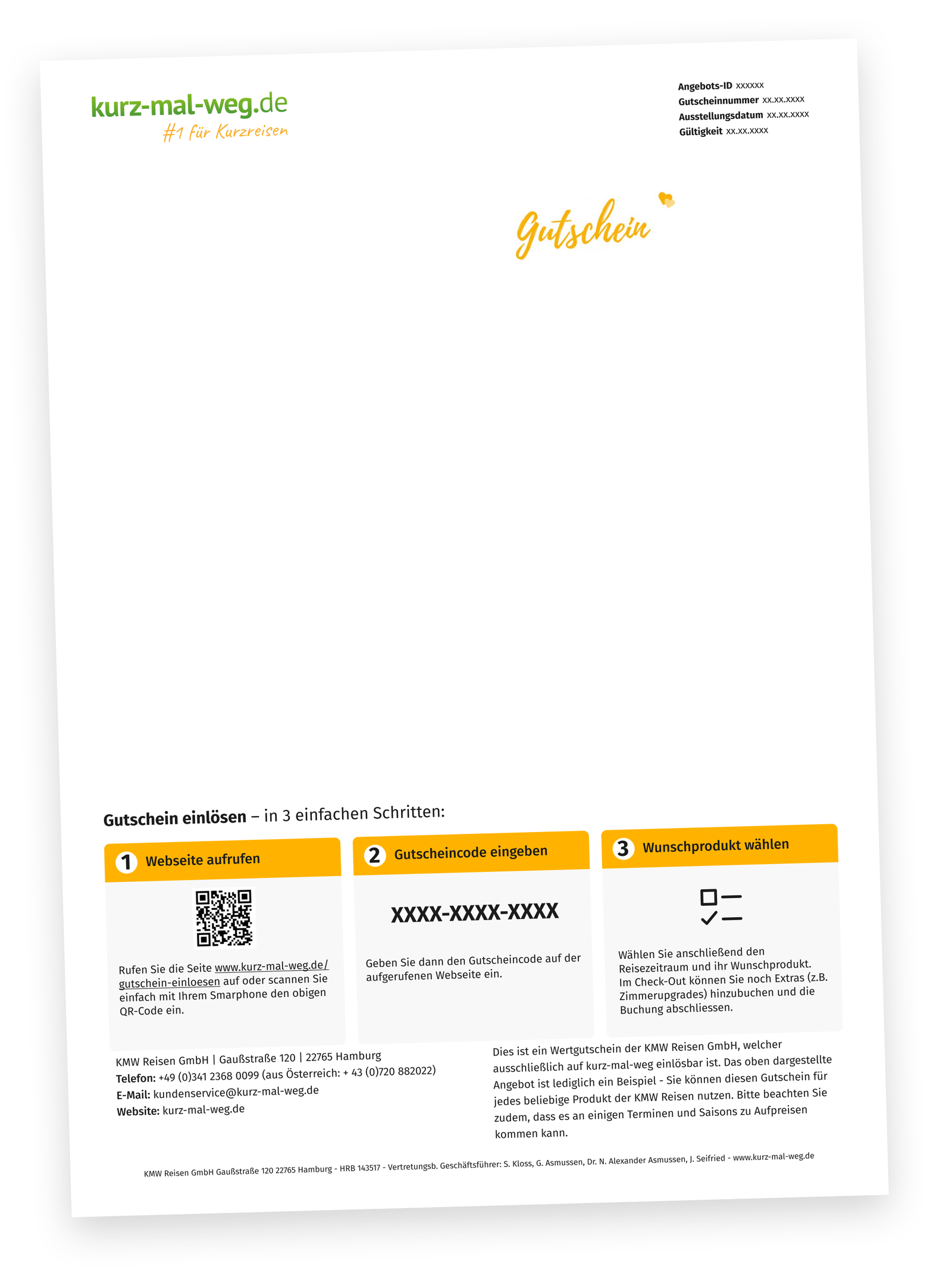 Personalisierte Gutscheinvorlage von kurz-mal-weg.de, die das aktuell ausgewählte Angebot mit Motivbild, Leistungsübersicht und Wertangabe übersichtlich darstellt.