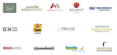 Logos verschiedener bekannter Hotels und Hotelketten, die eine bestehende Partnerschaft symbolisieren, darunter unter anderem Best Western, JUFA Hotels, Van der Valk und weitere.