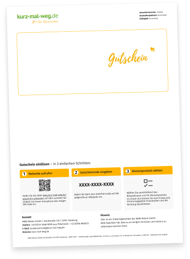 Personalisierte Gutscheinvorlage von kurz-mal-weg.de, die das aktuell ausgewählte Angebot mit Motivbild, Leistungsübersicht und Wertangabe übersichtlich darstellt.
