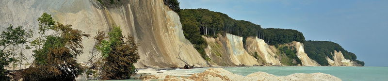 Kreidefelsen mit bewaldeter Steilküste über einem Kiesstrand an der türkisfarbenen Ostsee