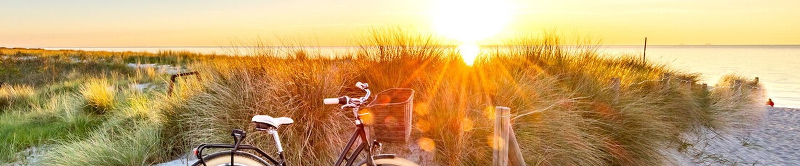 Fahrrad in den Stranddünen bei Sonnenuntergang am Meer